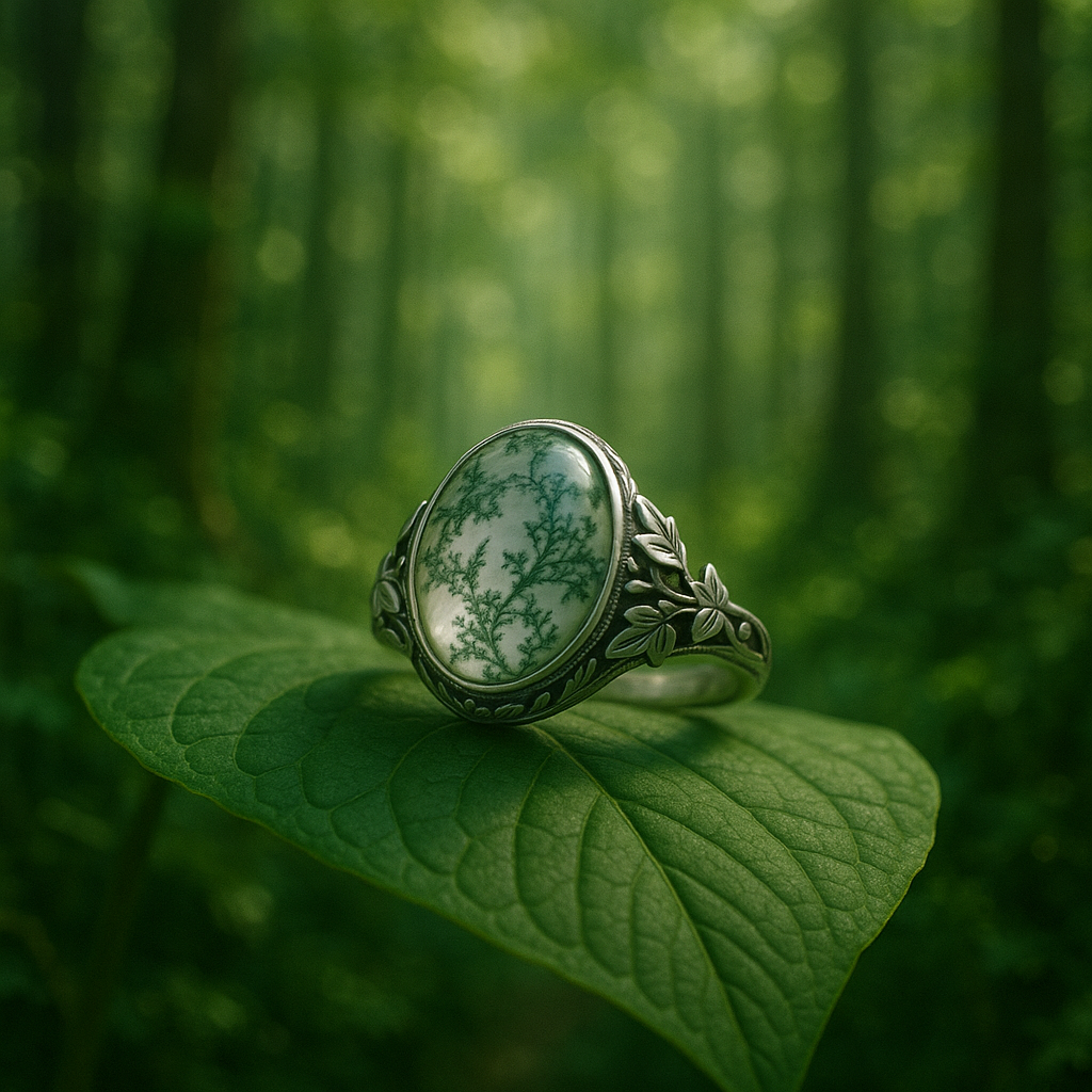 Moss Agate ring with green inclusions, promoting stress relief and eco-friendly style, from Felicegals’ natural jewelry collection.
